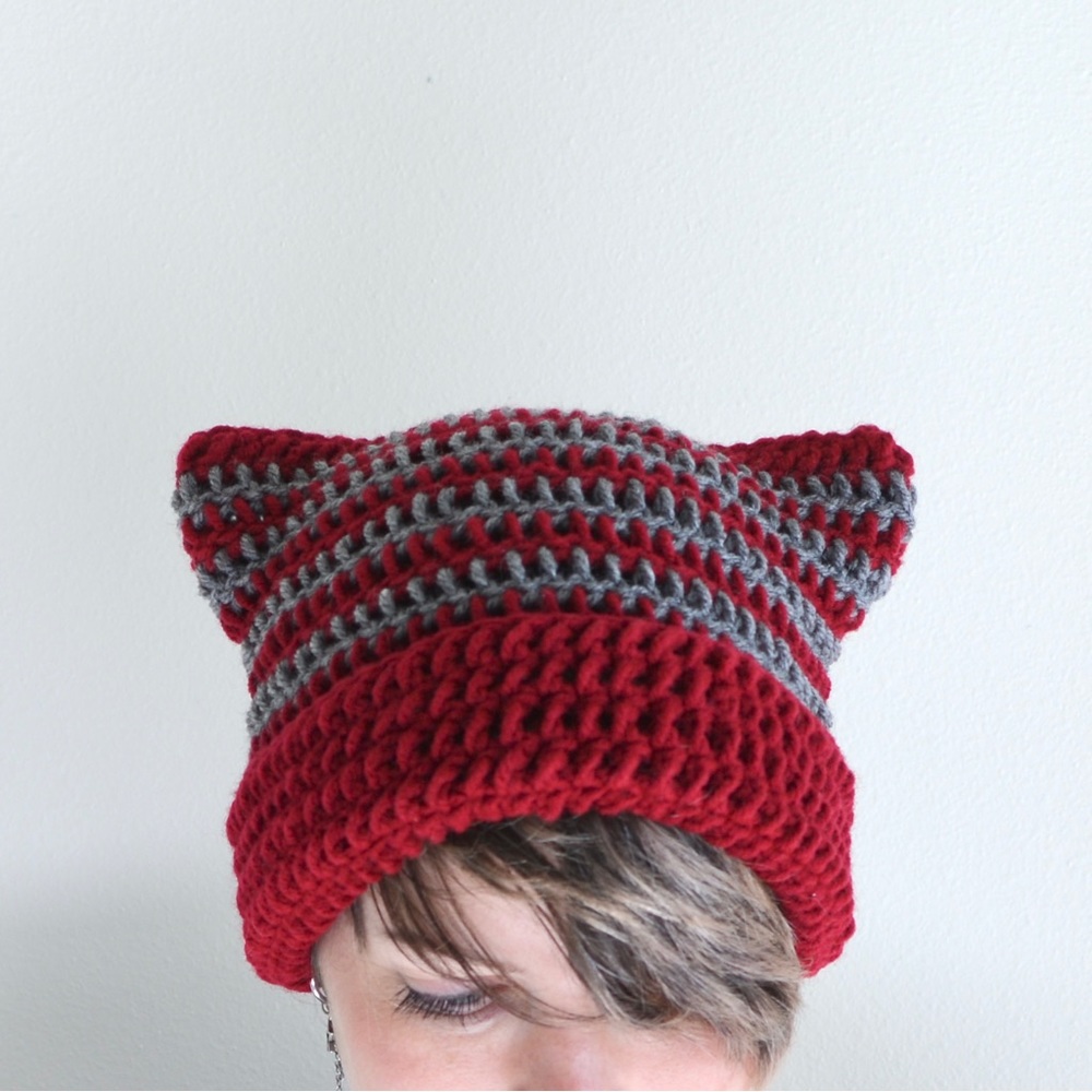 new handmade crochet cat ears beanie red gray striped